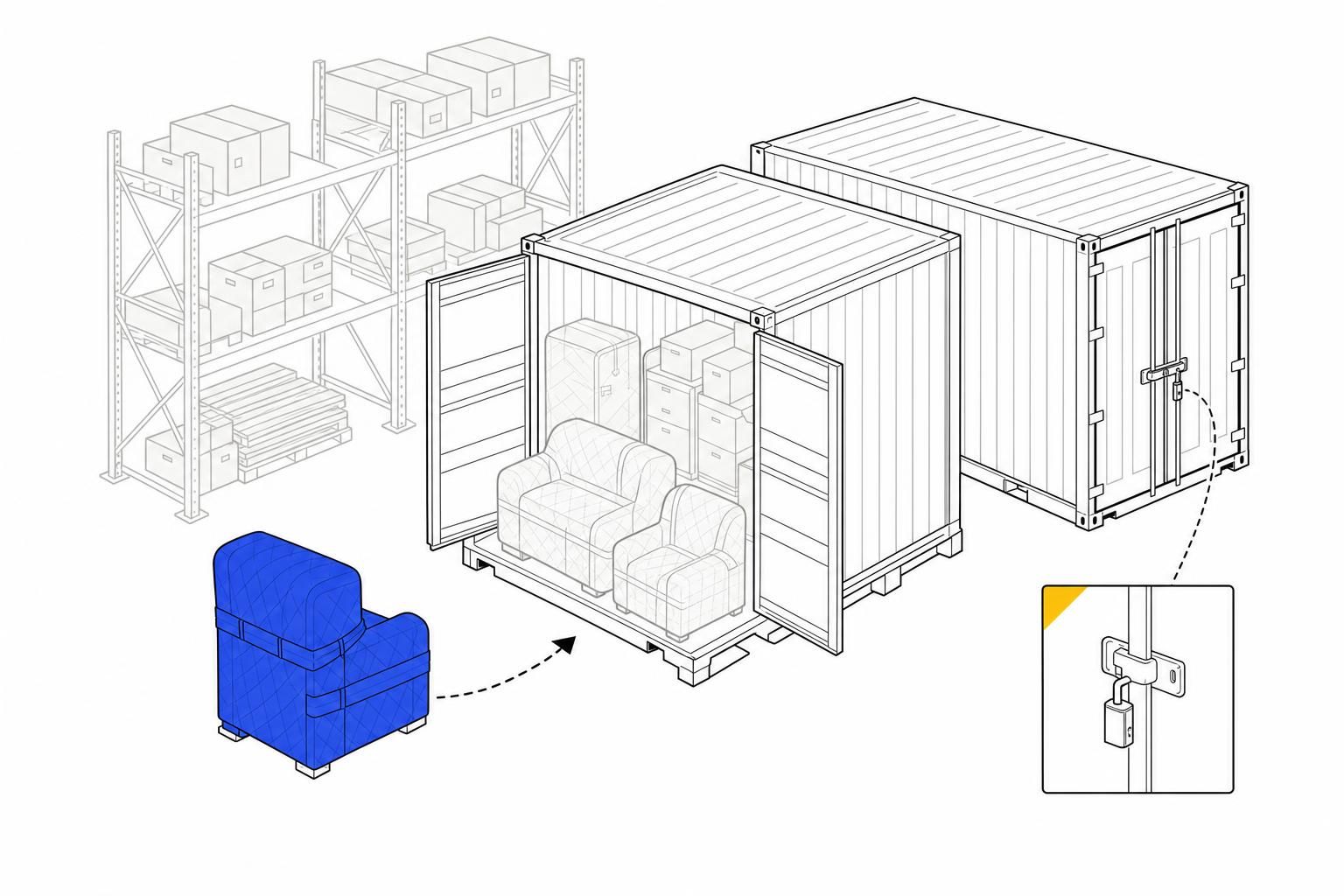 Dibujo de línea: muebles embalados entrando en un contenedor de madera sobre un palet, junto a otro contenedor precintado