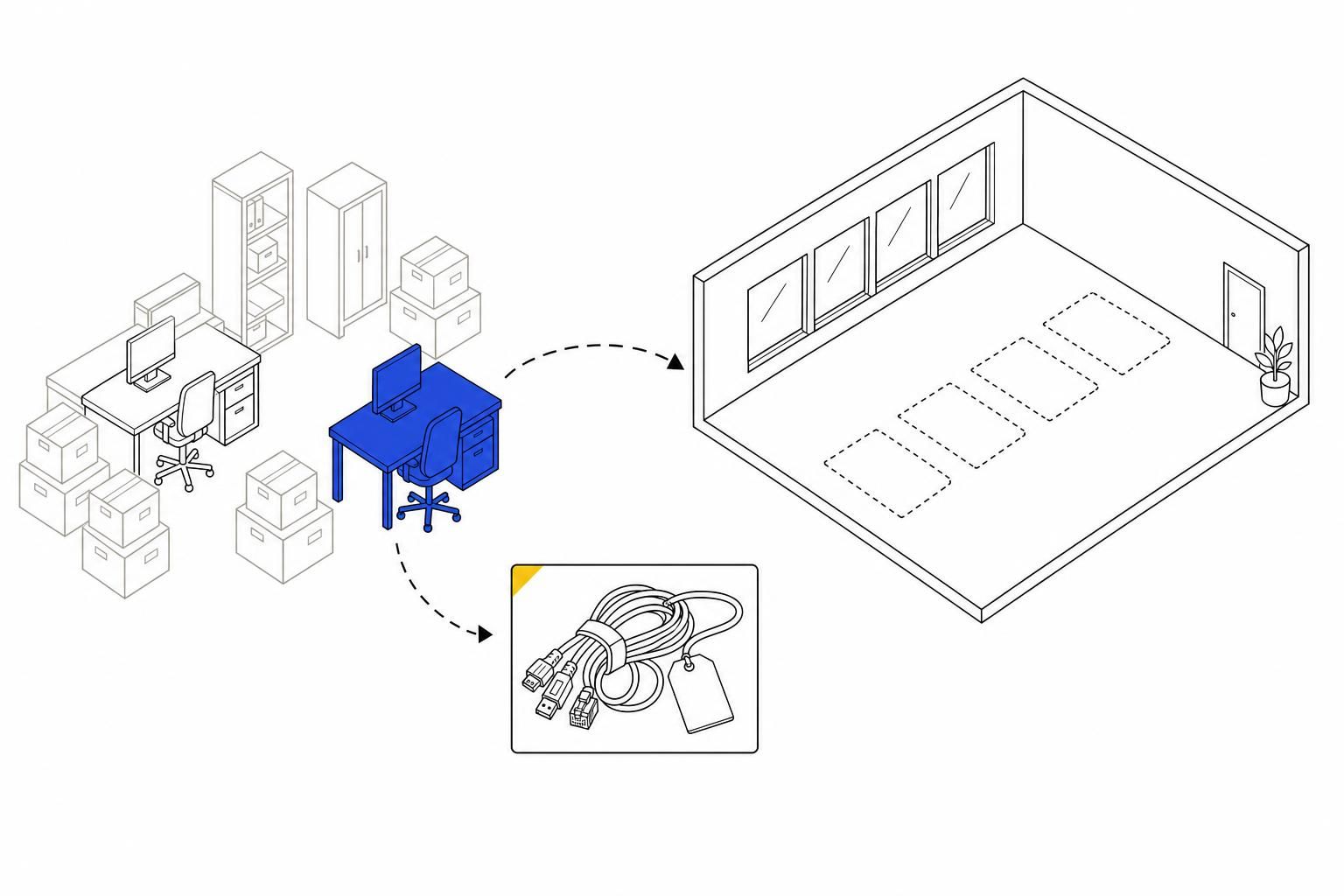 Dibujo de línea: puestos de oficina y cajas de archivo camino del plano de una oficina nueva