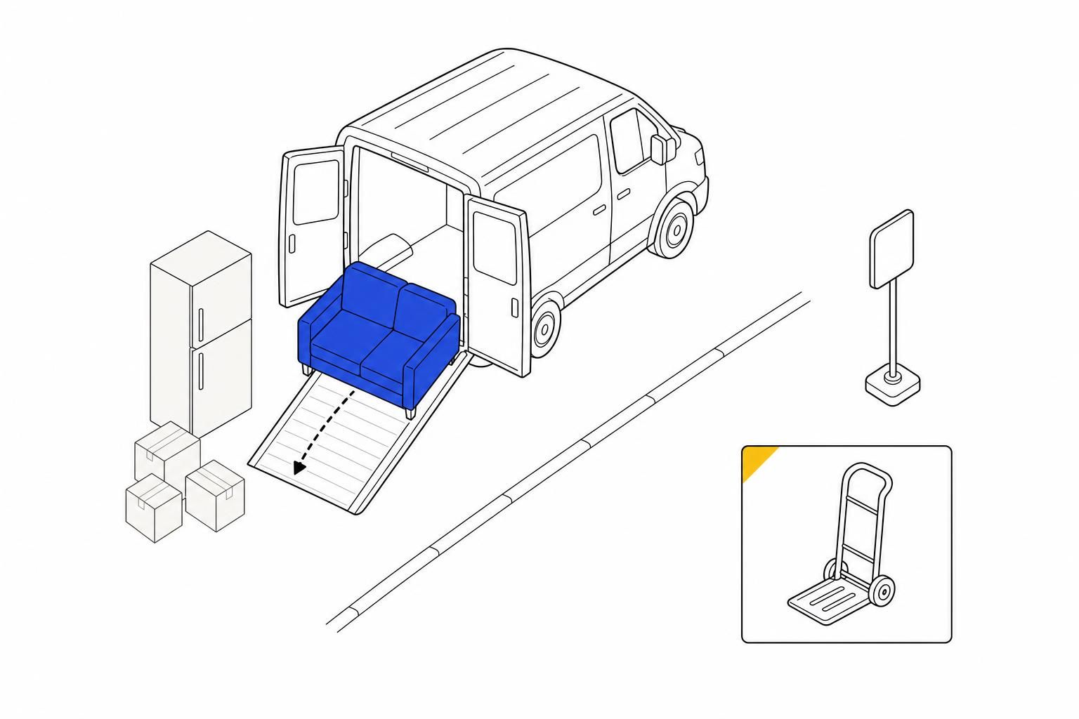 Dibujo de línea: una furgoneta con las puertas abiertas cargando un sofá, con una nevera y cajas en la acera